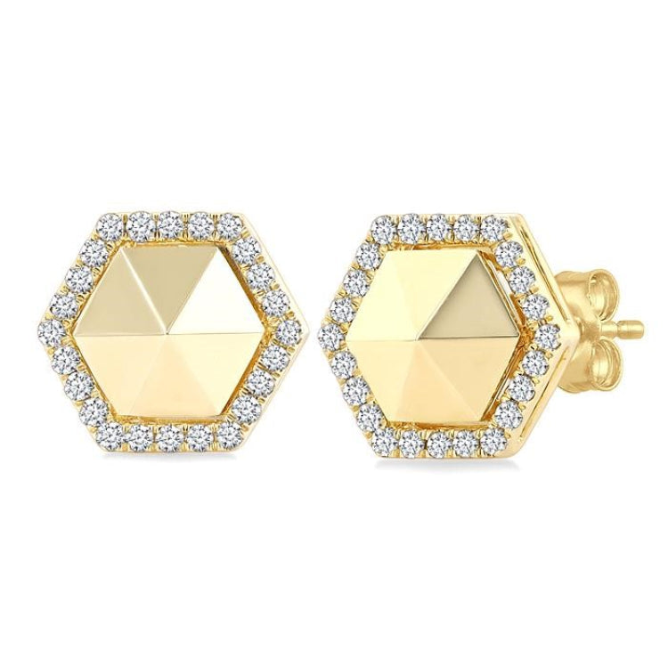 1/4 Ctw Petite Hexagon Round Cut Diamond Halo Fashion Stud Earrings in 14K Yellow Gold