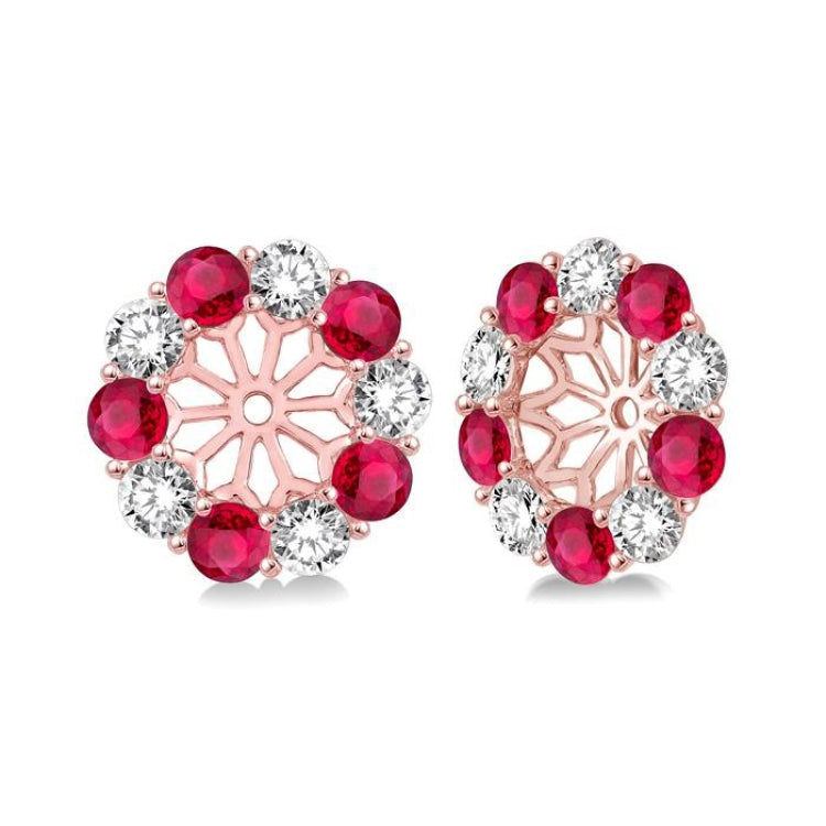 2.3 MM Round Cut Ruby and 1/2 Ctw Round Cut Diamond Precious Earrings Jacket in 14K Rose Gold