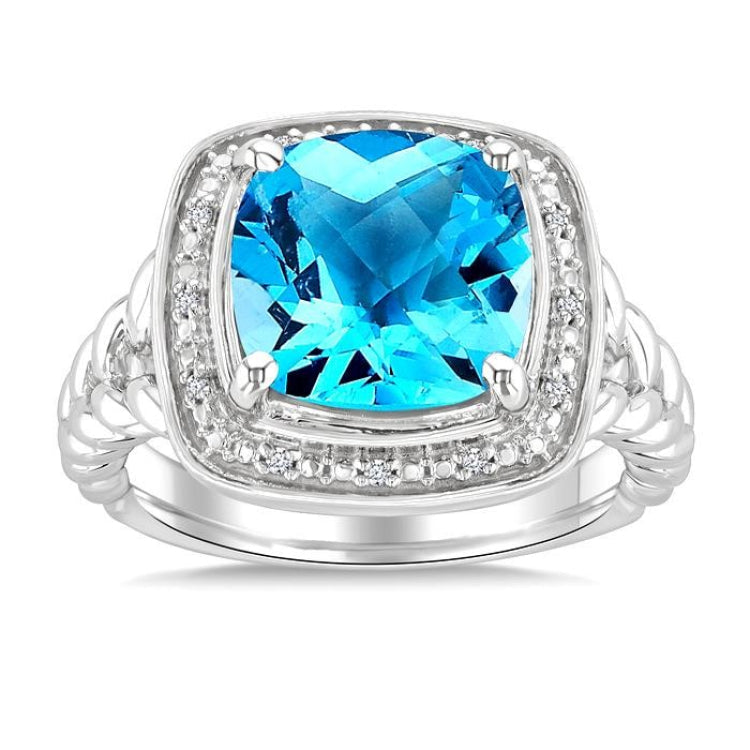 10 MM Cushion Shape Blue Topaz and 1/20 Ctw Round Cut Diamond Semi-precious Ring in Sterling Silver