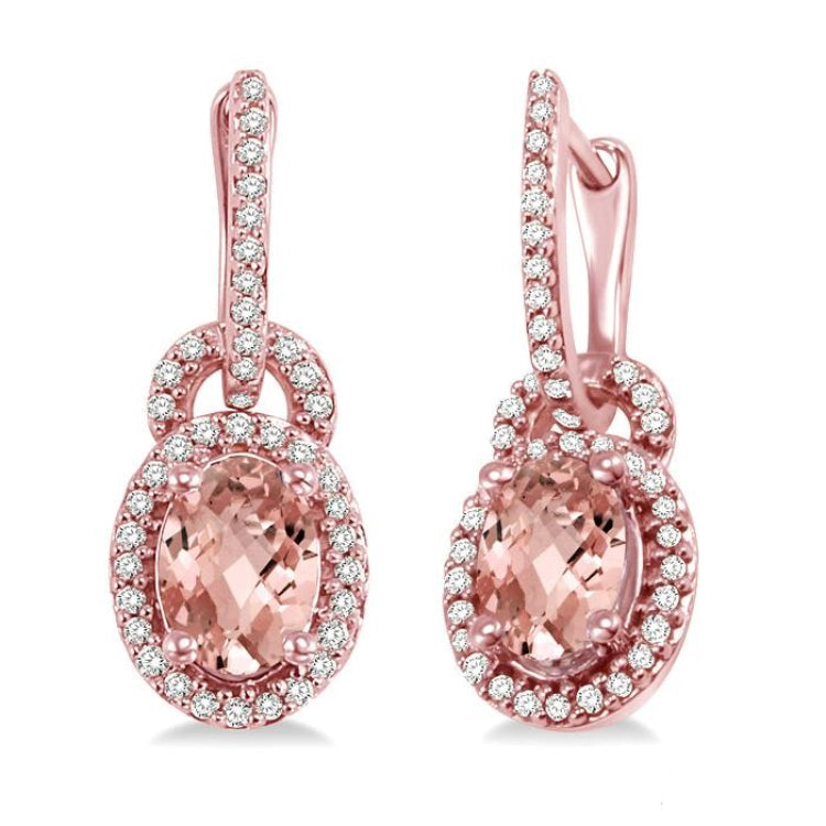 7x5 MM Oval Cut Morganite and 1/3 Ctw Round Cut Diamond Earrings in 14K Rose Gold