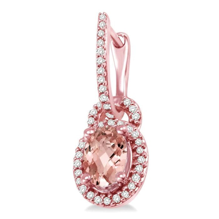 7x5 MM Oval Cut Morganite and 1/3 Ctw Round Cut Diamond Earrings in 14K Rose Gold
