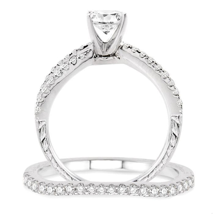 1 1/5 Ctw Diamond Wedding Set with 1 Ctw Round Cut Engagement Ring and 1/5 Ctw Wedding Band in 14K White Gold