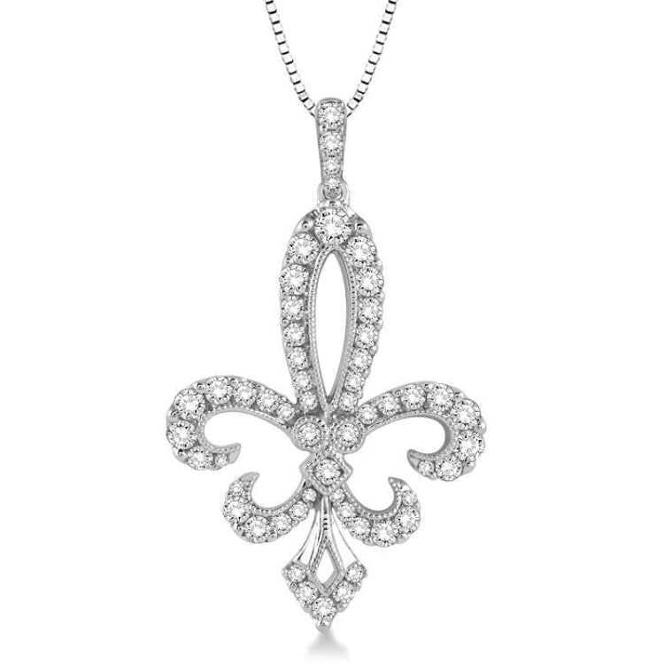 3/4 Ctw Round Cut Diamond Fleur De Lis Pendant in 14K White Gold with Chain