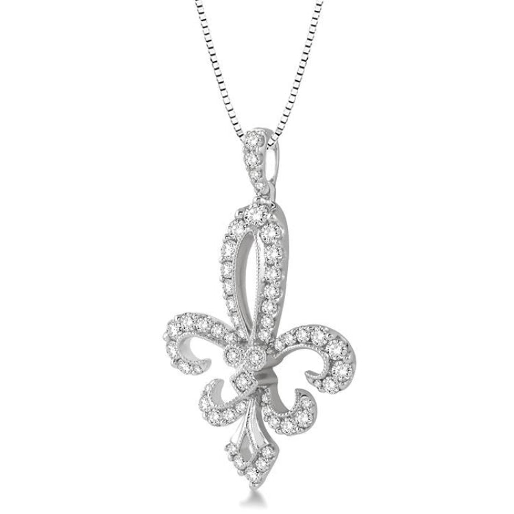 3/4 Ctw Round Cut Diamond Fleur De Lis Pendant in 14K White Gold with Chain