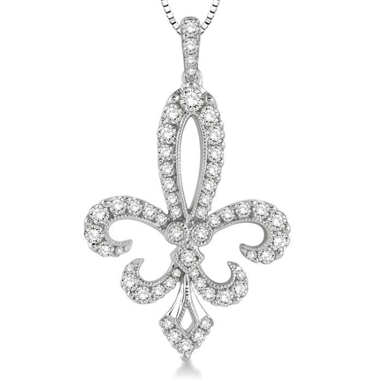 3/4 Ctw Round Cut Diamond Fleur De Lis Pendant in 14K White Gold with Chain
