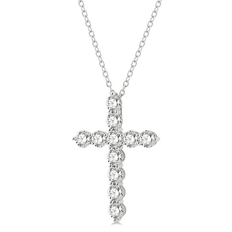 4 Ctw Round Cut Diamond Cross Pendant in 14K White Gold with Chain