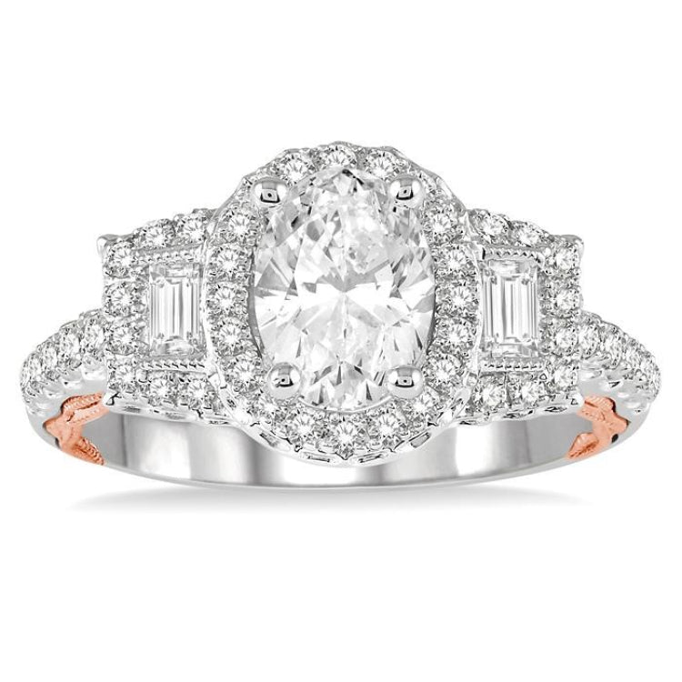 1/2 Ctw Oval Semi-Mount Baguette & Round Cut Diamond Ring in 14K White and Rose Gold