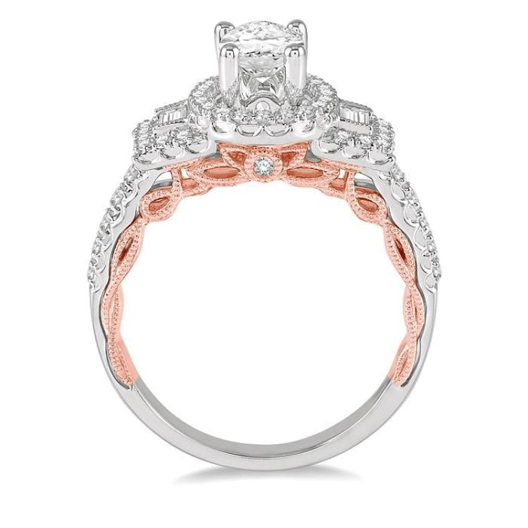 1/2 Ctw Oval Semi-Mount Baguette & Round Cut Diamond Ring in 14K White and Rose Gold