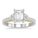 Load image into Gallery viewer, 1/3 Ctw Tri Mount Emerald Shape Round Cut Diamond Semi-Mount Engagement Ring in 14K White and Yellow Gold