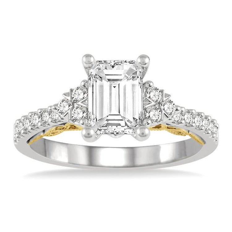 1/3 Ctw Tri Mount Emerald Shape Round Cut Diamond Semi-Mount Engagement Ring in 14K White and Yellow Gold