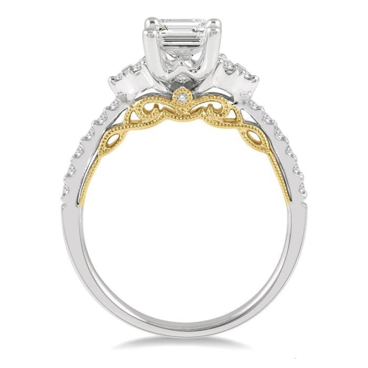 1/3 Ctw Tri Mount Emerald Shape Round Cut Diamond Semi-Mount Engagement Ring in 14K White and Yellow Gold