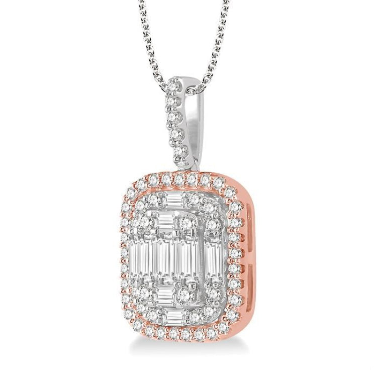 1 Ctw Baguette & Round Cut Fusion Diamond Pendant With Chain in 14K White and Rose Gold