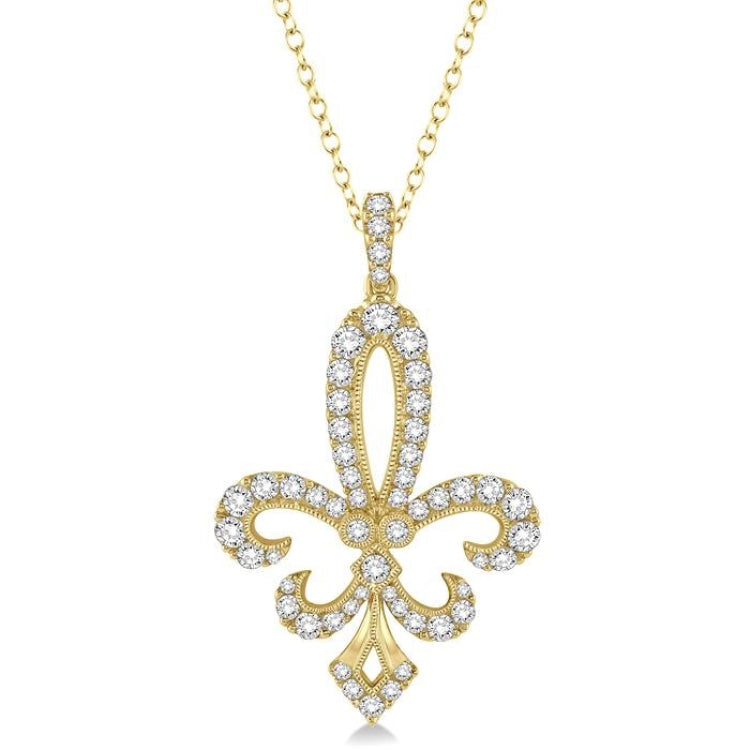 1 1/2 Ctw Round Cut Diamond Fleur De Lis Pendant in 14K Yellow Gold with Chain