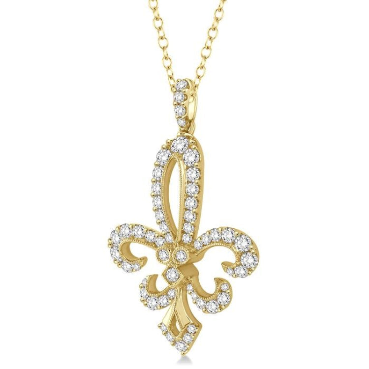 1 1/2 Ctw Round Cut Diamond Fleur De Lis Pendant in 14K Yellow Gold with Chain