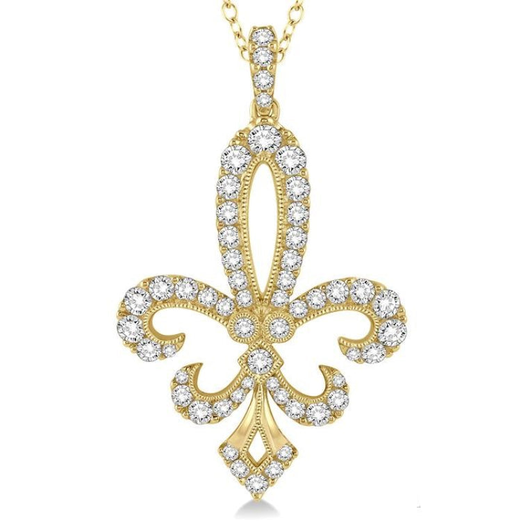 1 1/2 Ctw Round Cut Diamond Fleur De Lis Pendant in 14K Yellow Gold with Chain