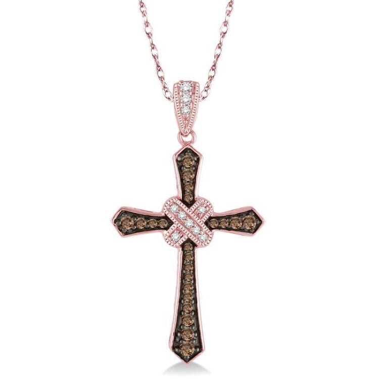 1/4 Ctw Round Cut White and Champagne Brown Diamond Cross Pendant in 10K Rose Gold with Chain
