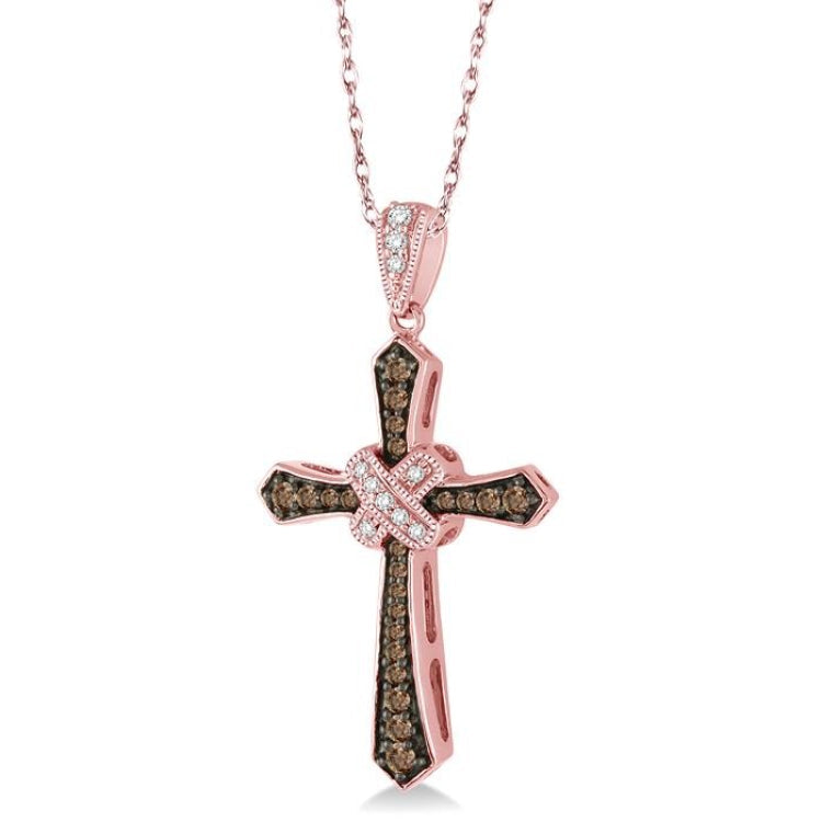 1/4 Ctw Round Cut White and Champagne Brown Diamond Cross Pendant in 10K Rose Gold with Chain