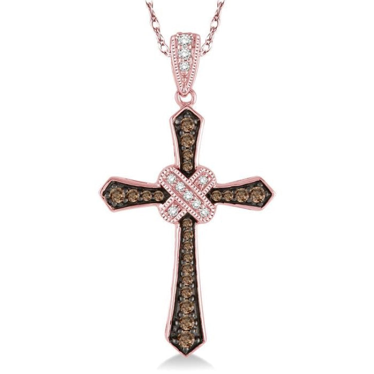 1/4 Ctw Round Cut White and Champagne Brown Diamond Cross Pendant in 10K Rose Gold with Chain