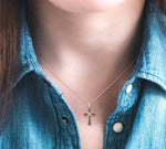 Load image into Gallery viewer, 1/4 Ctw Round Cut White and Champagne Brown Diamond Cross Pendant in 10K Rose Gold with Chain