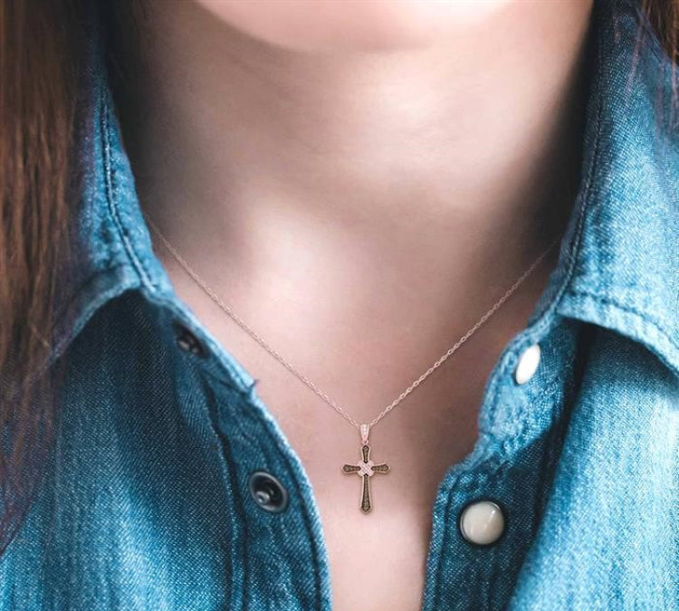 1/4 Ctw Round Cut White and Champagne Brown Diamond Cross Pendant in 10K Rose Gold with Chain