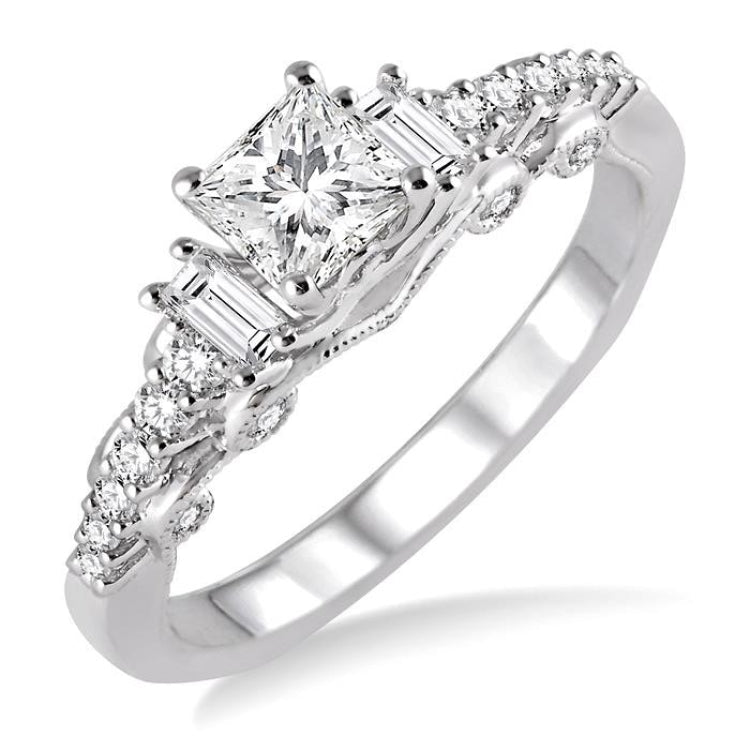 3/4 Ctw Diamond Engagement Ring with 3/8 Ct Princess Cut Center Stone in 14K White Gold