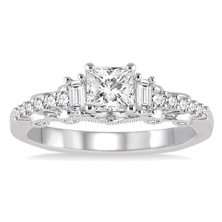 3/4 Ctw Diamond Engagement Ring with 3/8 Ct Princess Cut Center Stone in 14K White Gold