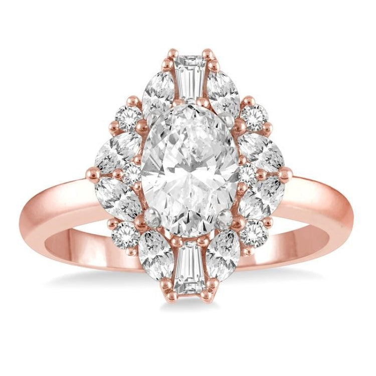 5/8 Ctw Marquise Shape Oval, Baguette and Round Cut Diamond Semi-Mount Engagement Ring in 14K Rose and White Gold