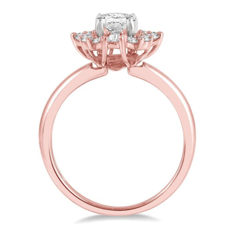 5/8 Ctw Marquise Shape Oval, Baguette and Round Cut Diamond Semi-Mount Engagement Ring in 14K Rose and White Gold