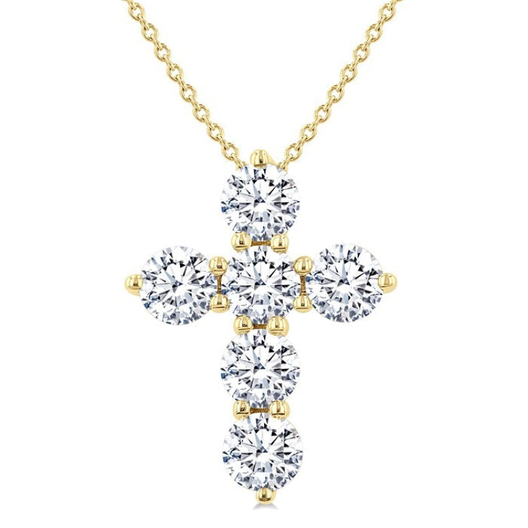 2 Ctw Round Cut Diamond Christian Cross 6-Stone Fashion Pendant With Chain in 14K Yellow Gold