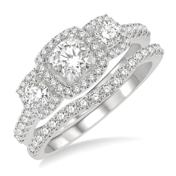 1 1/4 Ctw Diamond Wedding Set With 1 Ct Triple Cushion Shape Past, Present & Future Engagement Ring and 1/4 Ct Curved Wedding Band in 14K White Gold