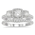 Load image into Gallery viewer, 1 1/4 Ctw Diamond Wedding Set With 1 Ct Triple Cushion Shape Past, Present &amp; Future Engagement Ring and 1/4 Ct Curved Wedding Band in 14K White Gold