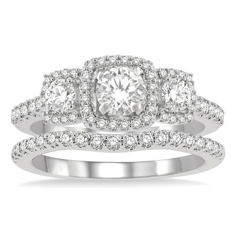 1 1/4 Ctw Diamond Wedding Set With 1 Ct Triple Cushion Shape Past, Present & Future Engagement Ring and 1/4 Ct Curved Wedding Band in 14K White Gold