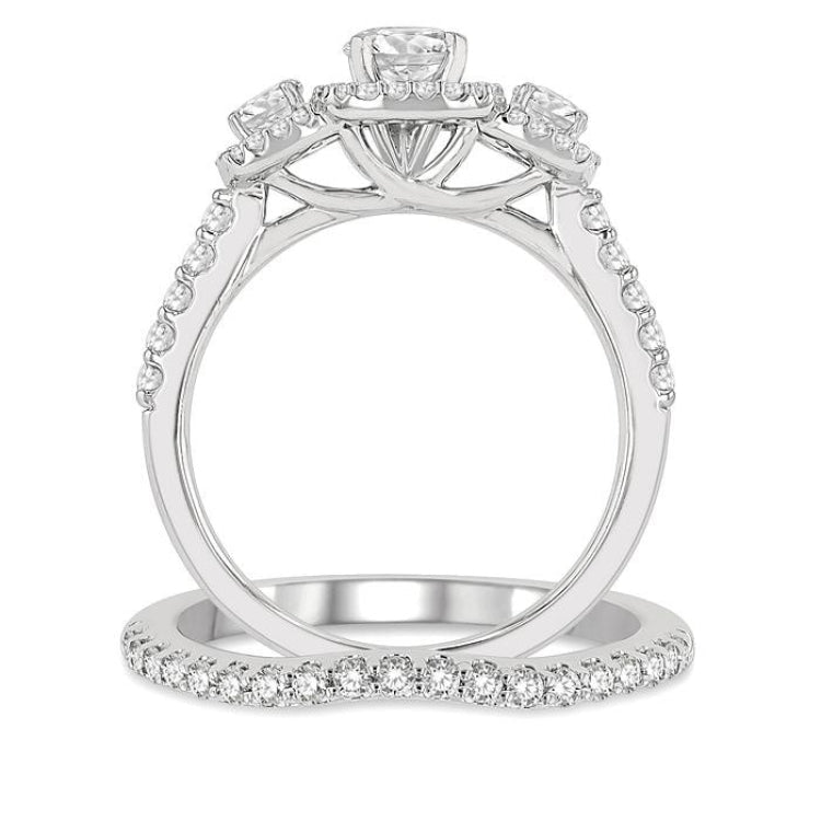 1 1/4 Ctw Diamond Wedding Set With 1 Ct Triple Cushion Shape Past, Present & Future Engagement Ring and 1/4 Ct Curved Wedding Band in 14K White Gold