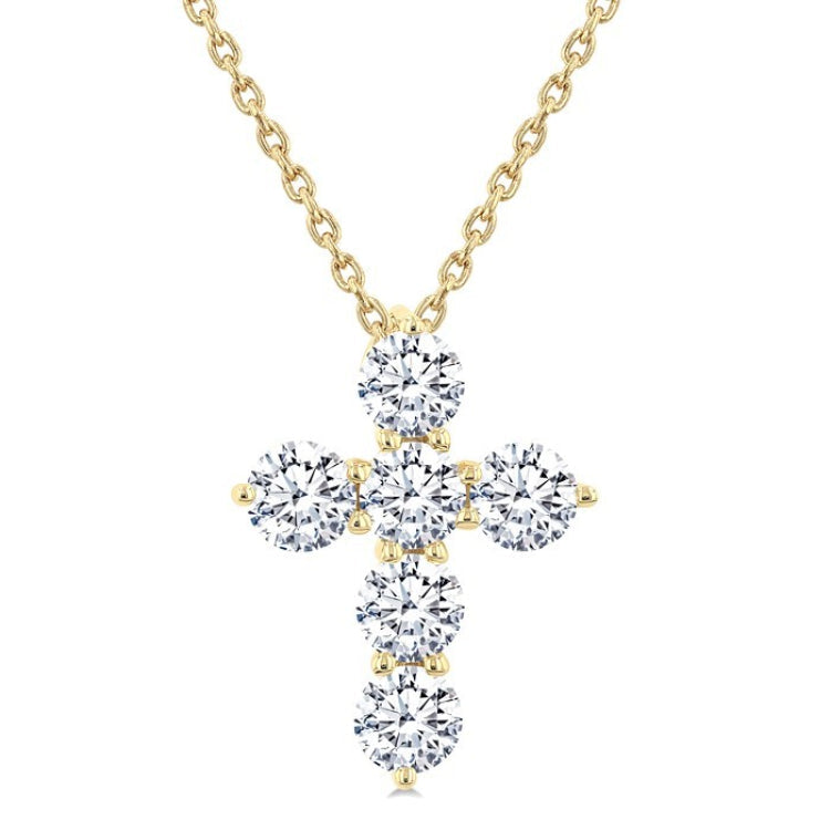 1 Ctw Round Cut Diamond Christian Cross 6-Stone Fashion Pendant With Chain in 14K Yellow Gold