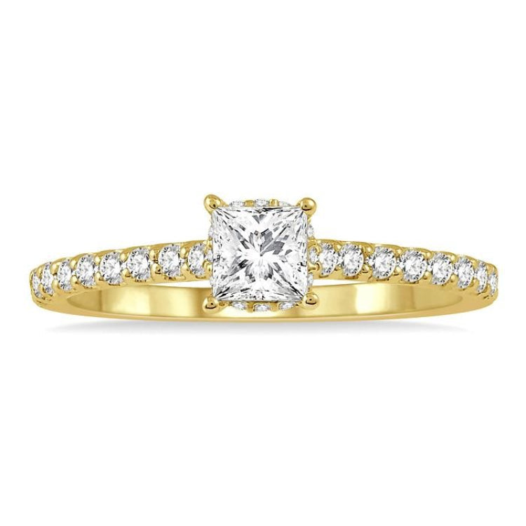 1/5 Ctw Princess Shape Round Cut Diamond Semi-Mount Engagement Ring in 14K Yellow Gold
