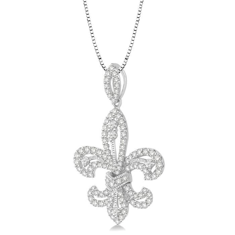 7/8 Ctw Round Cut Diamond Fleur De Lis Diamond Pendant in 14K White Gold with Chain