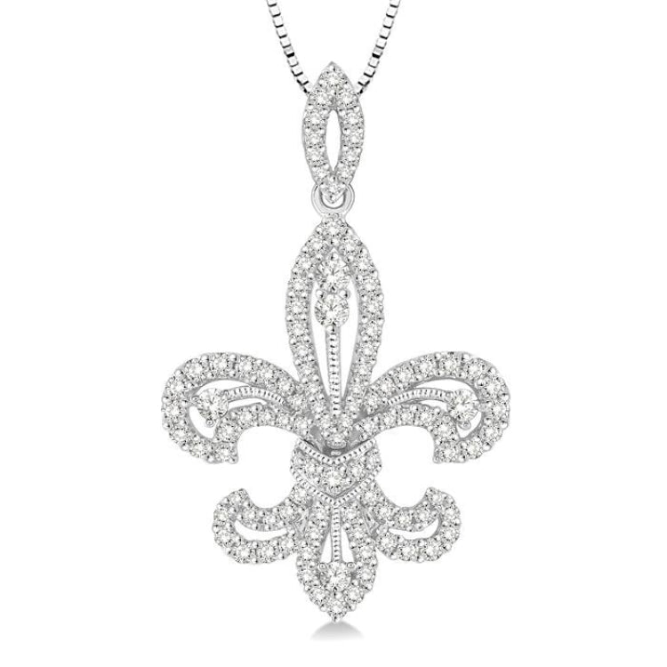 7/8 Ctw Round Cut Diamond Fleur De Lis Diamond Pendant in 14K White Gold with Chain