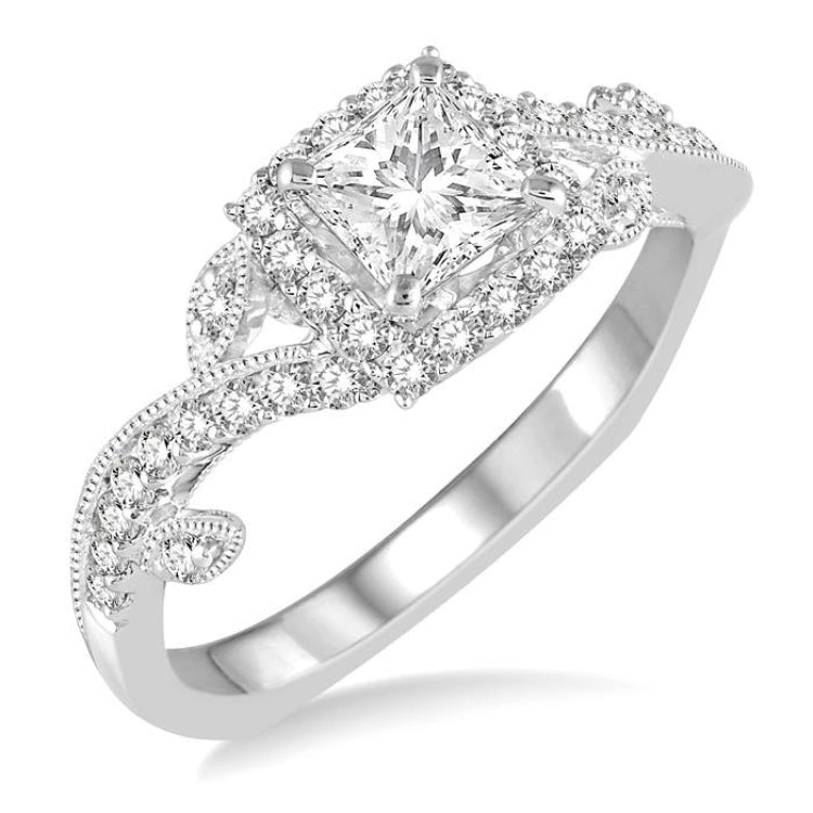 3/4 Ctw Diamond Engagement Ring with 3/8 Ct Princess Cut Center Stone in 14K White Gold
