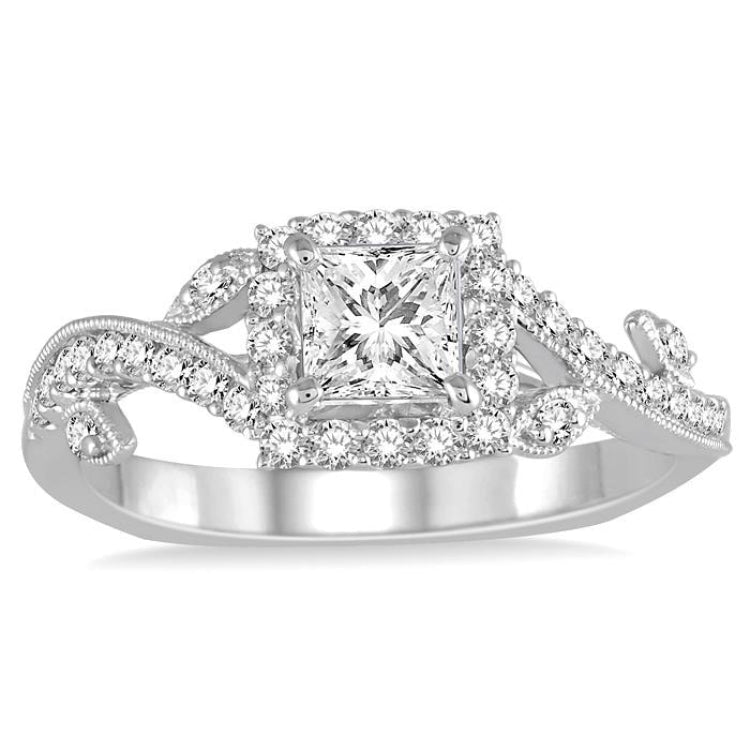 3/4 Ctw Diamond Engagement Ring with 3/8 Ct Princess Cut Center Stone in 14K White Gold