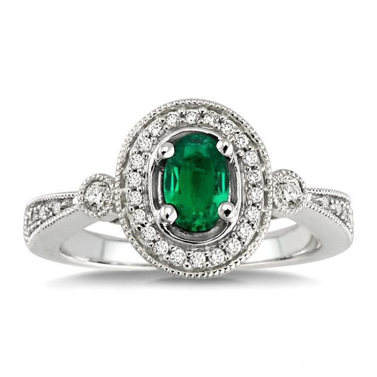 6x4 MM Oval Cut Emerald and 1/5 Ctw Round Cut Diamond Ring in 14K White Gold
