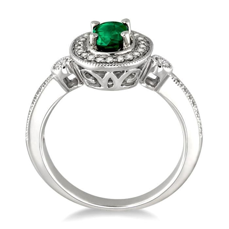 6x4 MM Oval Cut Emerald and 1/5 Ctw Round Cut Diamond Ring in 14K White Gold