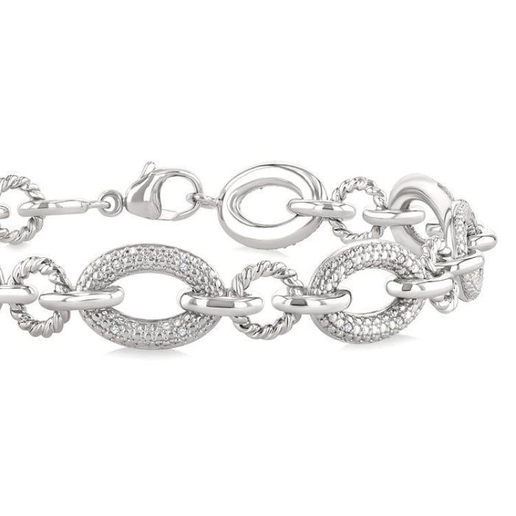 1/10 Ctw Round Cut Diamond Bold Oval Shape Rope Link Bracelet in Sterling Silver
