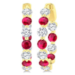 Load image into Gallery viewer, 3.3 MM Round Cut Ruby and 1 5/8 Ctw Round Cut Diamond Precious Inside-Out Alternating Hoop Earrings in 14K Yellow Gold