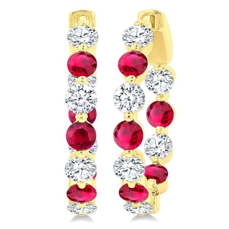 3.3 MM Round Cut Ruby and 1 5/8 Ctw Round Cut Diamond Precious Inside-Out Alternating Hoop Earrings in 14K Yellow Gold