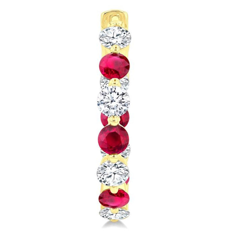 3.3 MM Round Cut Ruby and 1 5/8 Ctw Round Cut Diamond Precious Inside-Out Alternating Hoop Earrings in 14K Yellow Gold