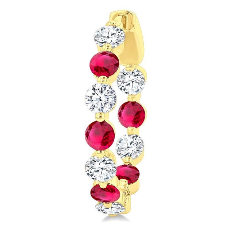 3.3 MM Round Cut Ruby and 1 5/8 Ctw Round Cut Diamond Precious Inside-Out Alternating Hoop Earrings in 14K Yellow Gold