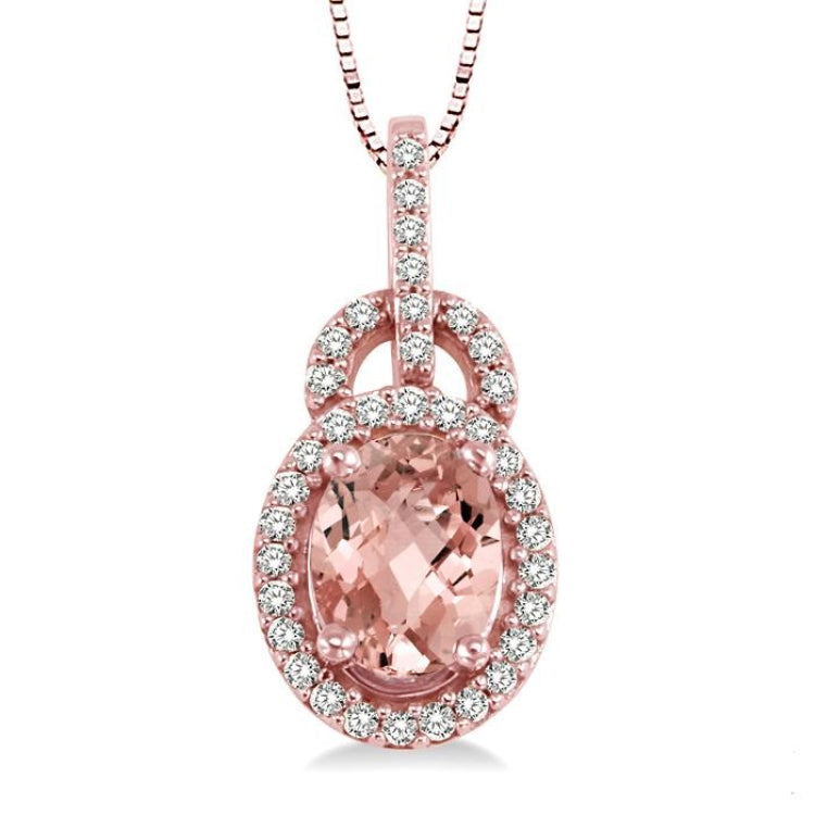 8x6 MM Oval Cut Morganite and 1/4 Ctw Round Cut Diamond Pendant in 14K Rose Gold with Chain
