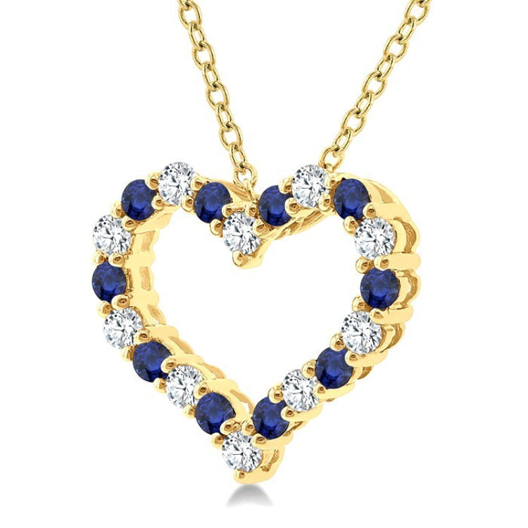 1.4 MM Round Cut Sapphire and 1/8 Ctw Open Heart Round Cut Diamond Precious Fashion Pendant With Chain in 14K Yellow Gold