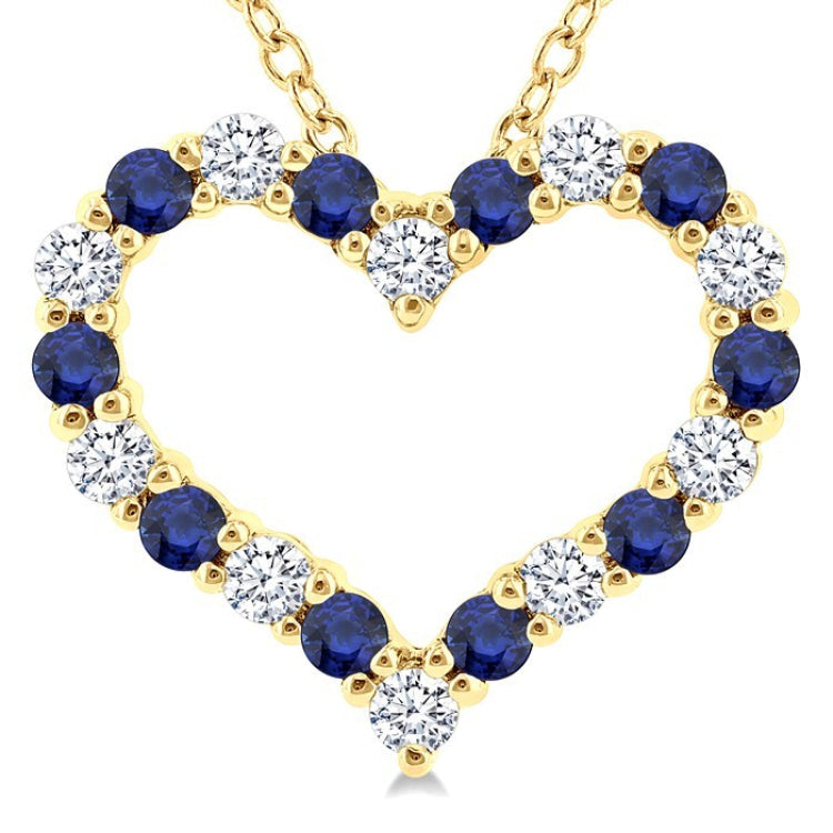 1.4 MM Round Cut Sapphire and 1/8 Ctw Open Heart Round Cut Diamond Precious Fashion Pendant With Chain in 14K Yellow Gold