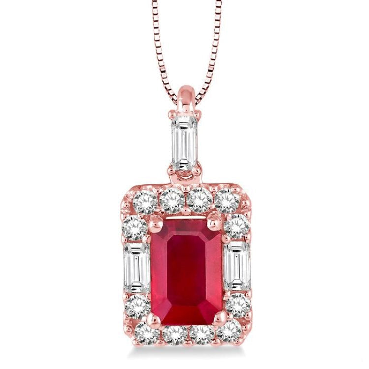 6x4 MM Octagon Cut Ruby and 1/3 Ctw Round Cut Diamond Precious Pendant in 14K Rose Gold with Chain